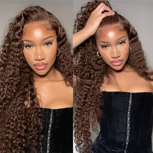 MYLOCKME Chocolate Brown Water Wave 13x6 Lace Front Wig Transparent 4# 13x4 Deep Wave Lace Wig Brown Color Wigs 180% Density Human Hair Wig For Women Pre Plucked Hair