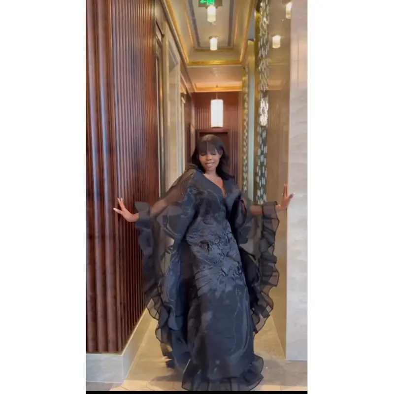 Black African Bubu Brocade Dress with Ruffles - Wedding Guest Attire Mother of The Bride Outfit Birthday Party Dinner Anniversary Bridal Photoshoot Gala Cocktail Moomoo Engagement Ceremony Soirée