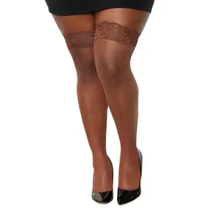 Plus Size Espresso Fishnet Thigh High Women's Stockings