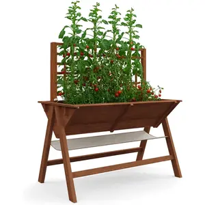 Mobile Raised Garden Bed with Trellis & Storage Shelf – Wooden Planter Box with Legs, Lockable Wheels, Drainage Holes, Protective Liner, Oak