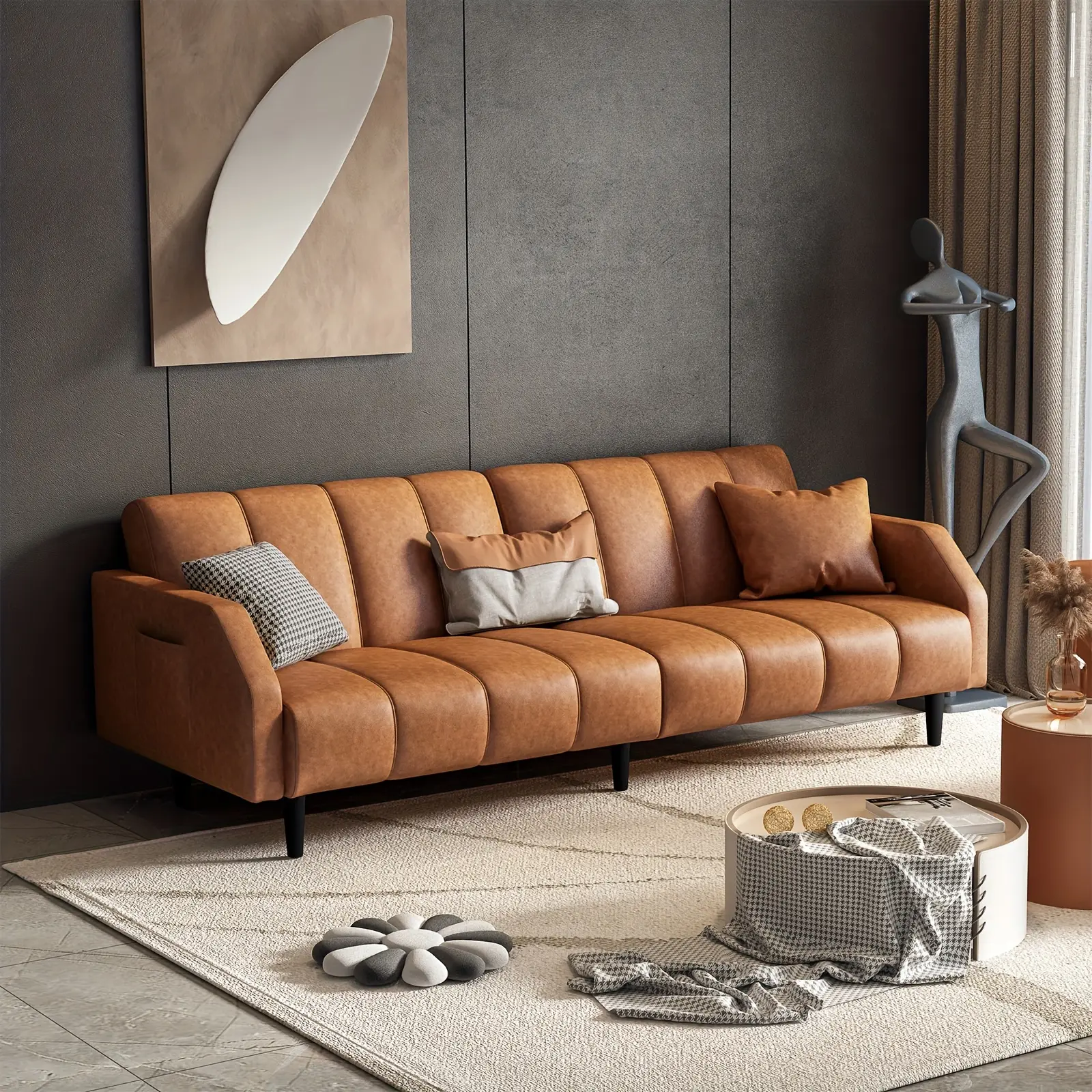 Leather Futon Sofa Bed Couch, Piano Key Design 78" Queen Futon Set, Adjustable Backrest, Modern Decor Love Seat Couches, Sleeper Sofa Bed for Living Room, Apartment, Office, Orange