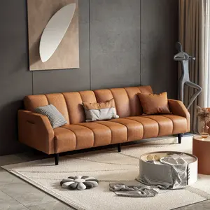 Leather Futon Sofa Bed Couch, Piano Key Design 78" Queen Futon Set, Adjustable Backrest, Modern Decor Love Seat Couches, Sleeper Sofa Bed for Living Room, Apartment, Office, Orange
