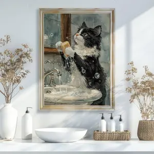 Cute Cat Bathroom Decor, Tuxedo Cat Washing Paws in Bathroom Poster, Un, Cat Lover Gift Print, Room Decor, Unframed