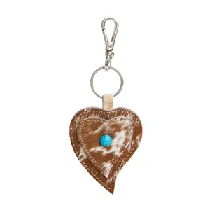 Myra Heart's Love Key Fob in Caramel - Western Charm Leather Double Heart Design with Turquoise Stone & Metal Clasp