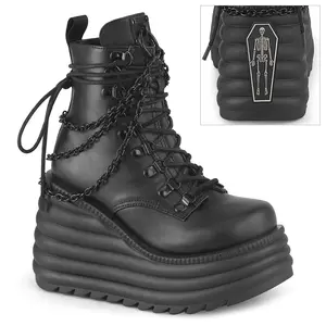 Demonia Morte-65 Black Vegan Leather Ankle Boots with Wedge Platform and D-Ring Lace-Up Front