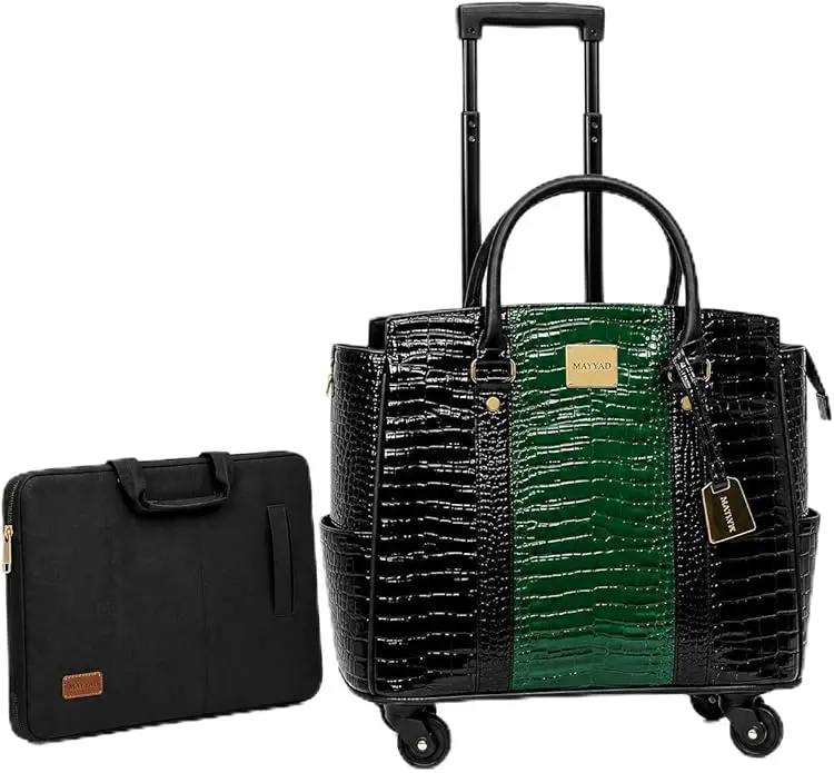 Women's Rolling Briefcase with Wheels, Laptop Compartment - Emerald Green, Luggage Tote Bag