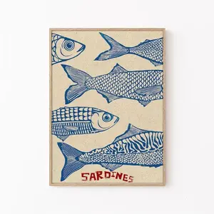 Sardines Poster, Retro Fish Wall Art, Vintage Kitchen Print, Sardines Wall Decor, Retro Kitchen Art, Fish Illustration Poster