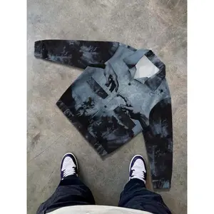 Men's Denim-effect Print Pocket Zipper Jacket, Loose Casual Long Sleeve Outerwear for Spring & Fall, Fashion Men's Clothes for Daily Wear, Coats