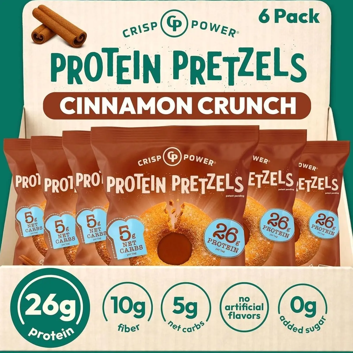 Protein Pretzels, NEW Cinnamon Crunch, 26G Protein, High Protein Snack, High Fiber, Low Carb Crunchy Pretzel Snacks, No Added Sugar, 1.75 oz Bags, 6 Pack, Vegan, Keto