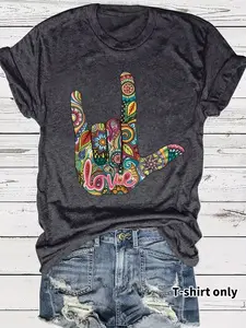 Women's Summer Bohemian Chic Casual Everyday Fitted Round Neck Short Sleeve T-Shirt Top, Lady, Cartoon Peace Heart Print, Comfortable Breathable, S-Xxl