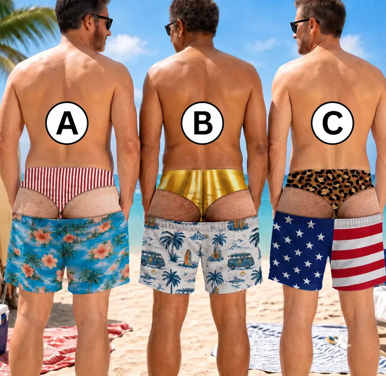 Funny Men’s Swim Trunks, Custom Fake Underwear Beach Shorts, Wide Load Birthday Gag Gift For Him, Bachelor party short