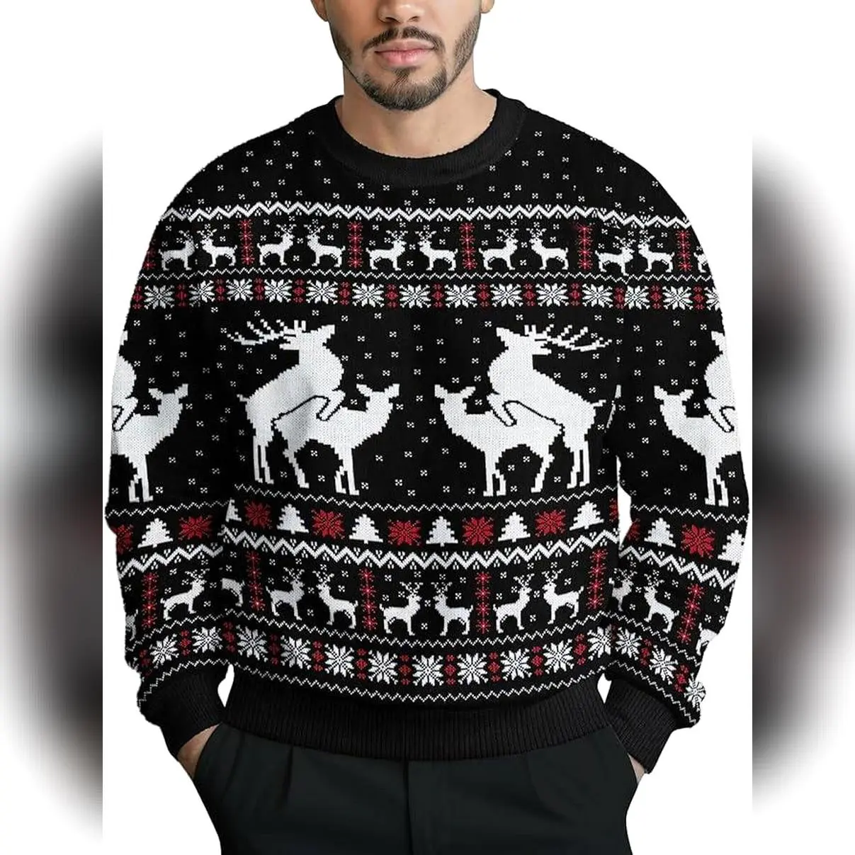 [HOT UGLY] Funny Reindeer Christmas Sweater, Adult Humor Ugly Xmas Sweater, Naughty Holiday Knit, Gag Gift for Men
