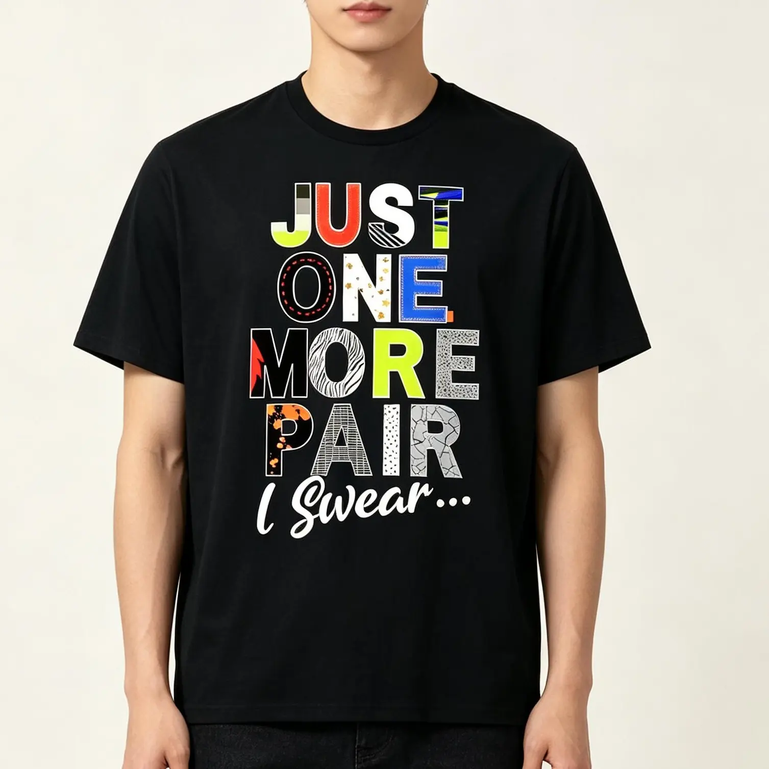 Men's "Just 1 More Pair..." Round Neck Short-Sleeve Casual Artwork Tee, Menswear Colorful Graphic Top with Love Theme, Black Tropical Crewneck funny t shirt graphic tees gakuran oversized t shirt