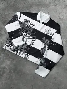 Y2K Cyber Grunge Striped Rugby Fitted Shirt | Oversized Gothic Graphic Long Sleeve Polo Top | Alternative Aesthetic Fashion Casual Streetwear for Unisex OOTD & Night Out