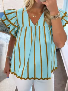 Women's Sky Blue Stripe Ricrac Trim Double Ruffled Short Sleeve V Neck Blouse Casual Loose Fit Flutter Sleeve Tunic Top Boho Scalloped Hem Summer Cotton Blouse Babydoll Shirt for Jeans
