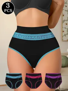 QUASTI 3 PCS High-Waist Milk Silk High Elasticity Underwear for Women, Letter Collision Color Splicing Design Panties, Soft Comfortable Bold Color Blocks Design Pure Cotton Crotch, Mix Colors Fashion Aesthetic Design, Birthday Gifts for Women,S-XXL