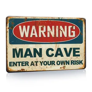 1pc Man Cave Warning Sign - Humorous Vintage Metal Decor with Enter at Your Own Risk Message - Unique Distressed Design Funny Tin Poster Art for Home Bar or Game Room Decoration