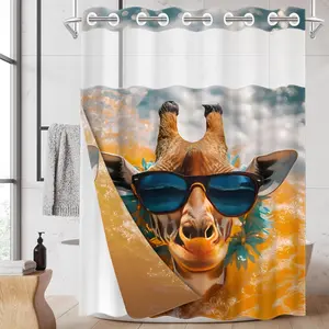 1PC/4PCS 2D Flat Printing Giraffe with Sunglasses and Blue Flower Decor Patterned shower curtain, home bathroom decor, shower curtain set with 12 hooks, non-slip bathroom rug, U-shaped toilet seat cover, toilet seat mat, Shower Curtain Rod