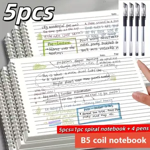 5-Piece Set Includes Spiral Notebook + 4 Pens, 60 Sheets 120 Pages High-Quality College Book, B5 Lined Thick Transparent Tear-Off Pages