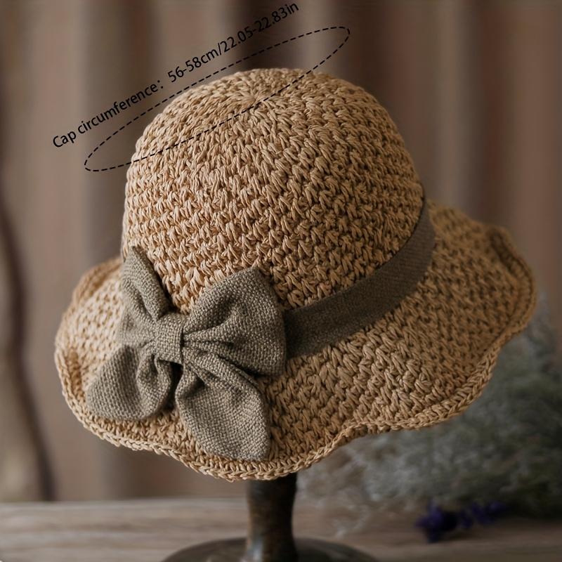 Versatile retro woven handmade straw hat with ruffled bow, elegant French sun hat, foldable, breathable travel beach hat.