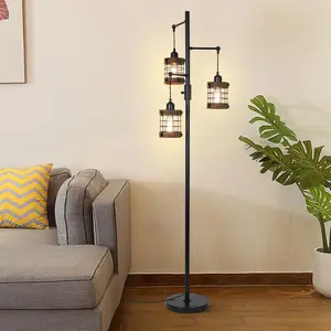 OPUL Farmhouse Standing Lamp, Dimmable Floor Lamps for Living Room, Industrial Tree Standing Tall Floor Lamps with 3-Light Industrial Floor Lamp with Wood & Metal Cage for Bedroom, Office, Study Room, Dining Room