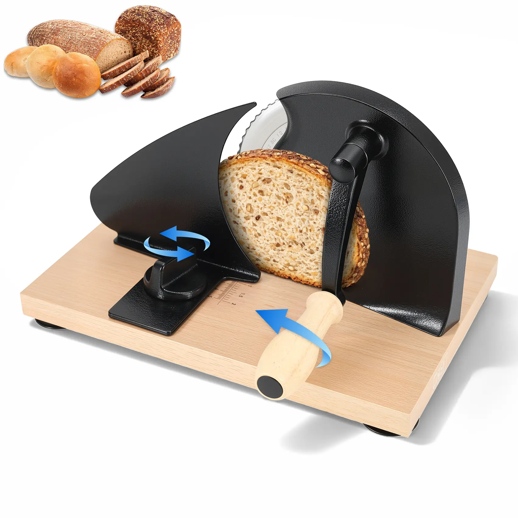 Manual Bread Slicer - Adjustable Thickness Hand Crank Slicer with Solid Wood Base, Scale Line, Suction Cup, Metal Guide - Even Slicing for Homemade Sourdough, Soft & Crusty Breads (Kitchenware Accessory)