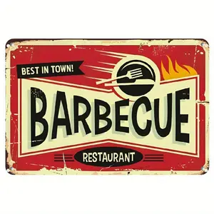 Vintage BBQ Restaurant Metal Sign – Retro "Best in Town Barbecue" Wall Decor for Kitchen, Pub, or Dining Room – Rustic Red & Black Tin Art with Flames Design, Bar Decor