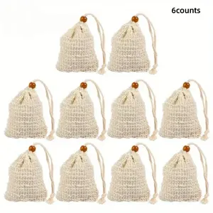 Set of 6 Soap Bags, New Flax Linen Bubble Mesh Handmade Soap Saver Pouches, Hanging Bathroom Organizer for Home Use