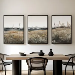 3-Piece Set 2D Flat Neutral Landscape Wall Art, Wildflower Field Print Poster, Pine Wood Frame Painting, Home Decor