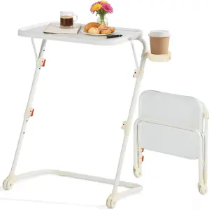 Homy Casa Baseline Adjustable Folding TV Tray with 4 Height & 3 Tilt Angle, Foldable Dinner Trays Laptop Snack Table with Cup Holder Sofa, 2PCS. White