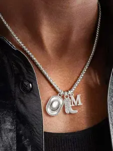 Men's Casual Silver Color Stainless Steel Pendant Necklace, Western Cowboy Boot Hat Initial Charm, All Seasons Fashion Jewelry