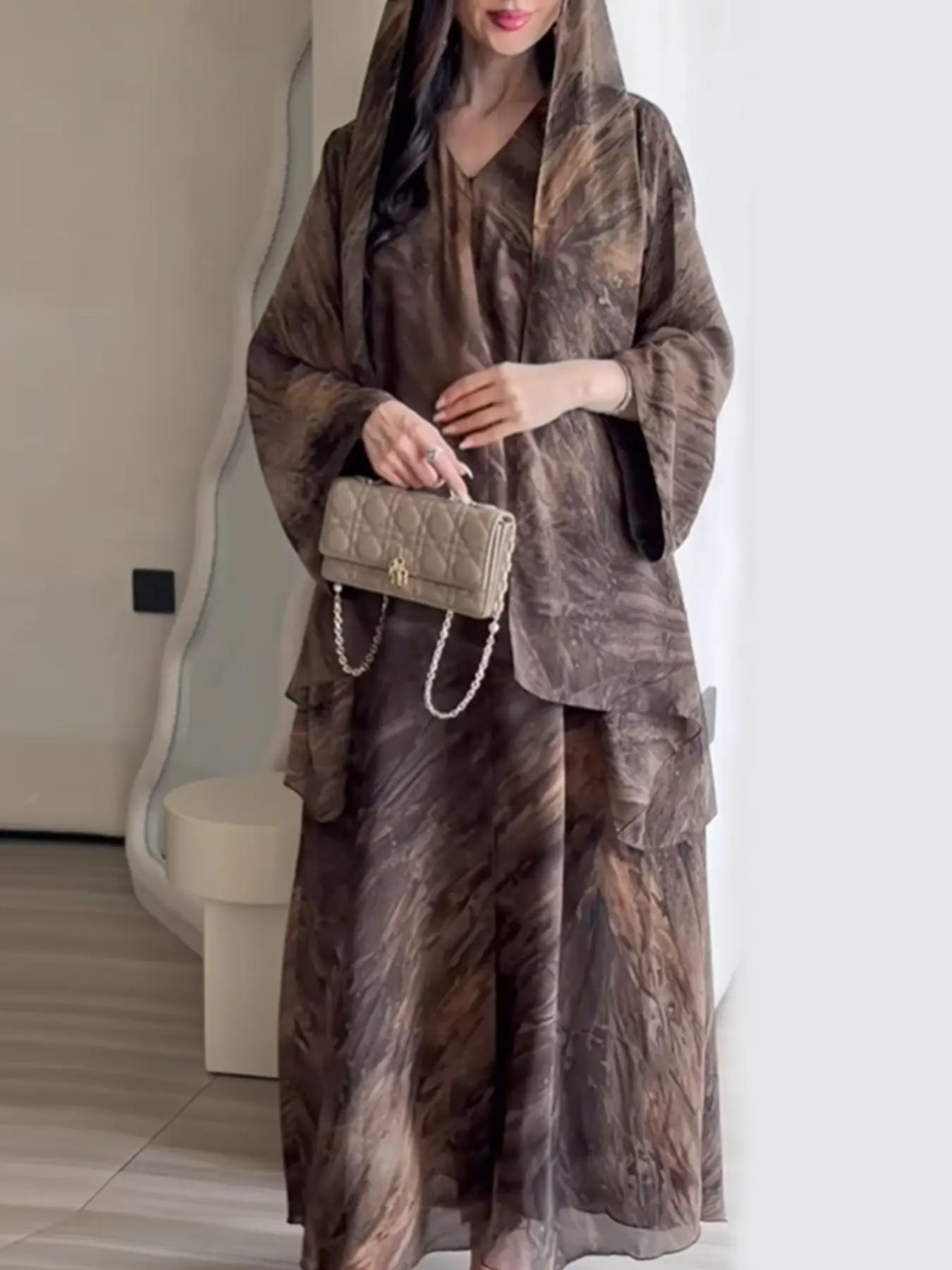 2-Piece Elegant Casual Floral Printed Front Button Long Robe & Headscarf Set Beach Cover Up for Beach, Party and Daily Wear, Womenswear
