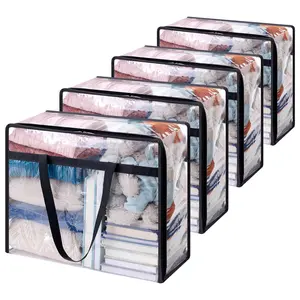 Set of 4 extra-thick storage bags, with black zipper closure, 10.57-gallon large capacity foldable moving and storage bags, suitable for storing clothing, bedding, blankets, duvets, and other garments and bed linens; ideal for under-bed storage.