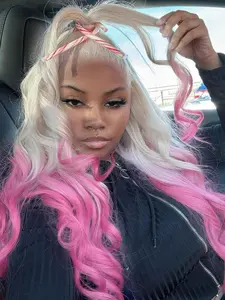 Aodbar hairs Pink and White Long Body Wavy Lace Front Synthetic Wig Glueless Ombre Pink Color Wavy Wig Heat  Resistant Fiber Hair Two Tone Colored Wig for Daily Use, Party and  Cospaly