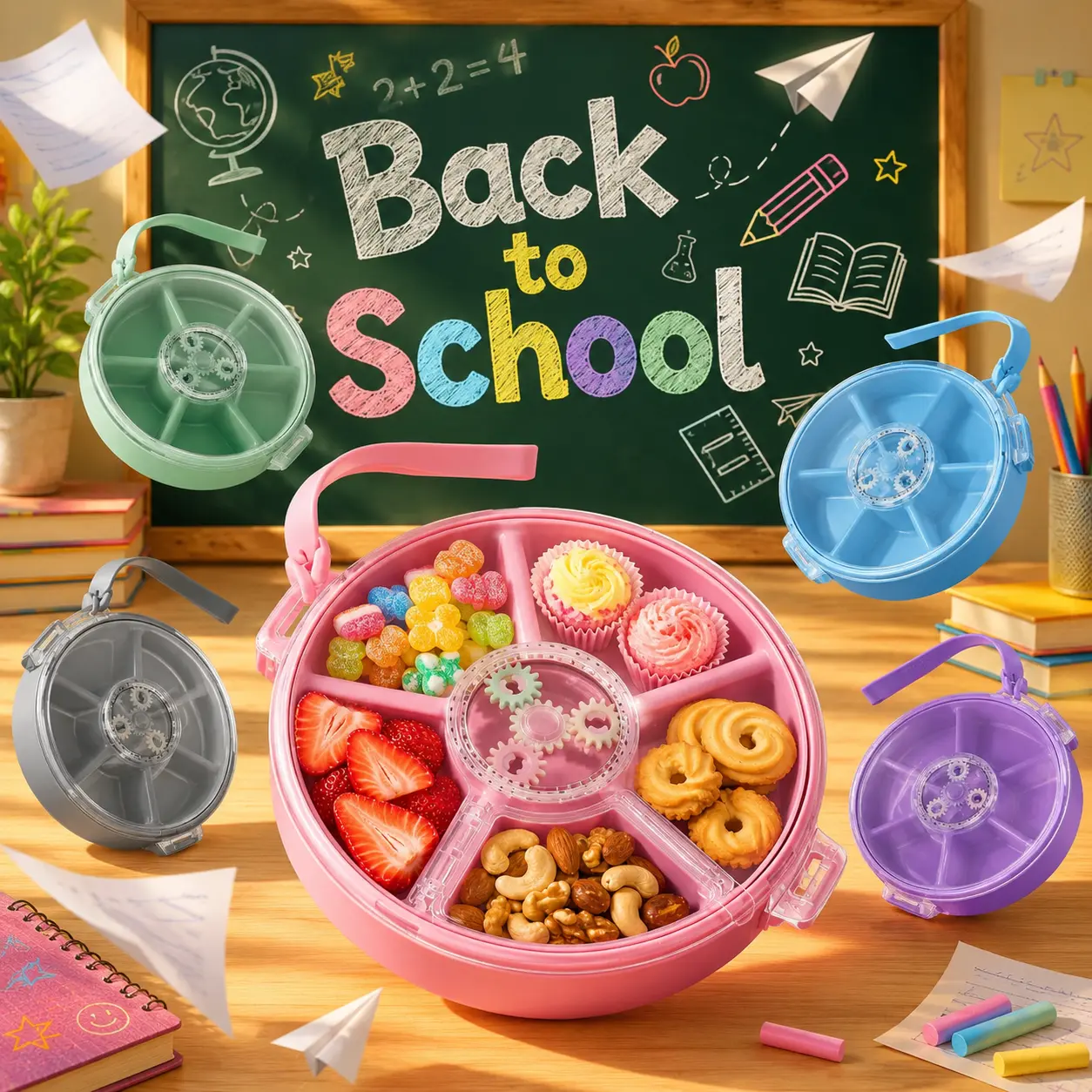 Pawtong Silicone Sturdy Kids Divided Snack Box with Lid, Lightweight 5-Compartment Reusable BPA-Free Container with Hand Strap, Portable Tray for Travel, Parties#Summerwins campingessentials