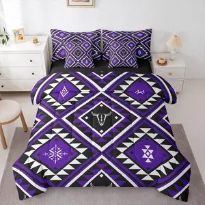 Rustic Western 7 Pcs Comforter Set for Men,Southwestern Aztec Bedding Bohemian Quilt Ethnic Horns Bull Skull Farmhouse Bedroom Decor Purple Geometric Diamond Sheet Set,Bed in A Bag