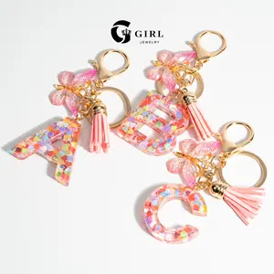 GGIRL 18K Gold Plated Plastic Resin Initial Letter A Keychain, Cute Butterfly & Tassel Design, Fashion Bag/Car Charm for Women, Fashion Jewelry Gifts for Holiday Birthdays Anniversaries