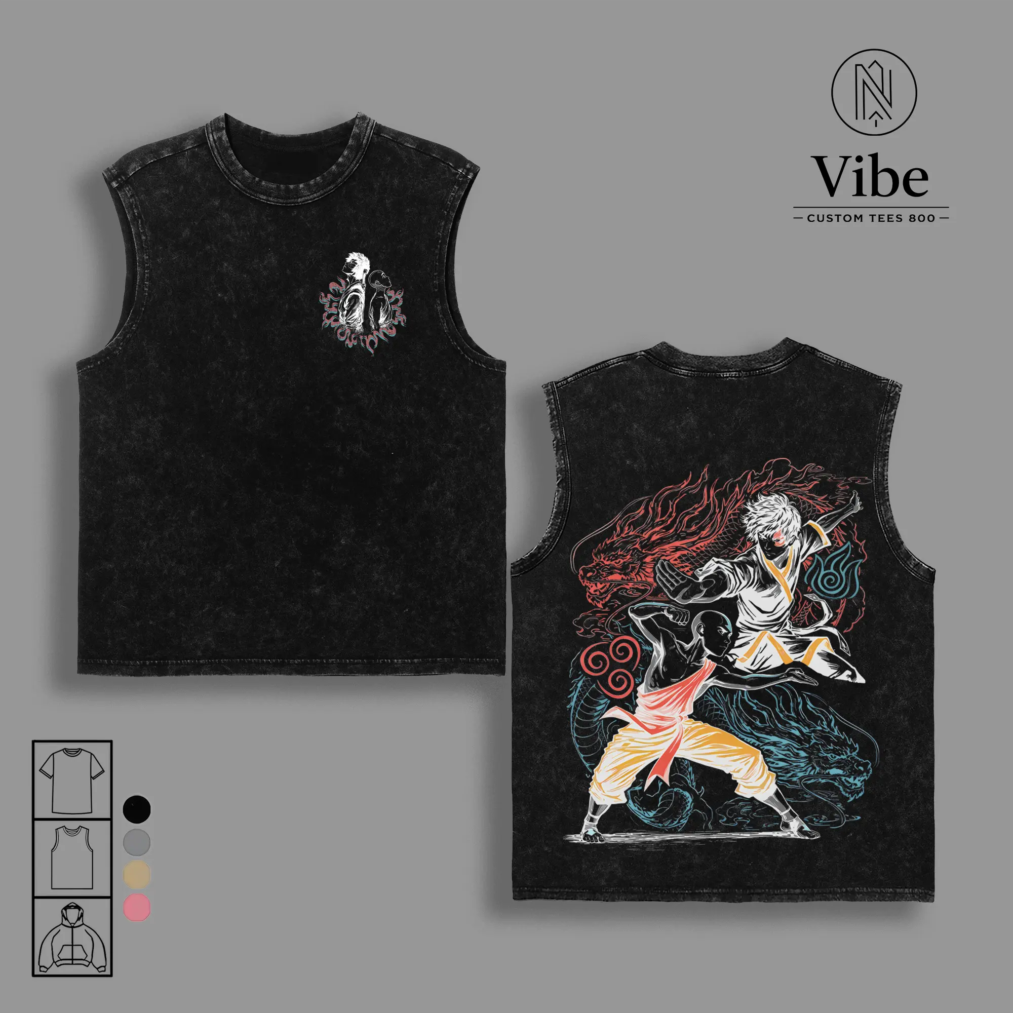 Aang And Zuko Avatar Vintage Washed T-Shirt, Tank Top & Hoodie, Avatar The Last Airbender Dual Element Fire And Air Bending Graphic, Balance And Destiny Anime Oversized Streetwear, Elemental Spirit Retro Design