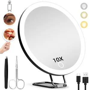 10X Magnifying Mirror with Lights, 6inch Makeup Magnified Mirror 10x Lighted Travel Magnification with 3 Suction Cups and 360 Adjustable Bracket - Includes Tweezers &