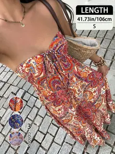 Elegant Summer V-Neck Print Cross-Band Halter Dress, Women's Vacation Style Sleeveless Backless Design, Perfect for Casual Wear