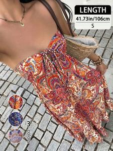 Elegant Summer V-Neck Print Cross-Band Halter Dress, Women's Boho Vacation Style Sleeveless Backless Design, Perfect for Casual Wear