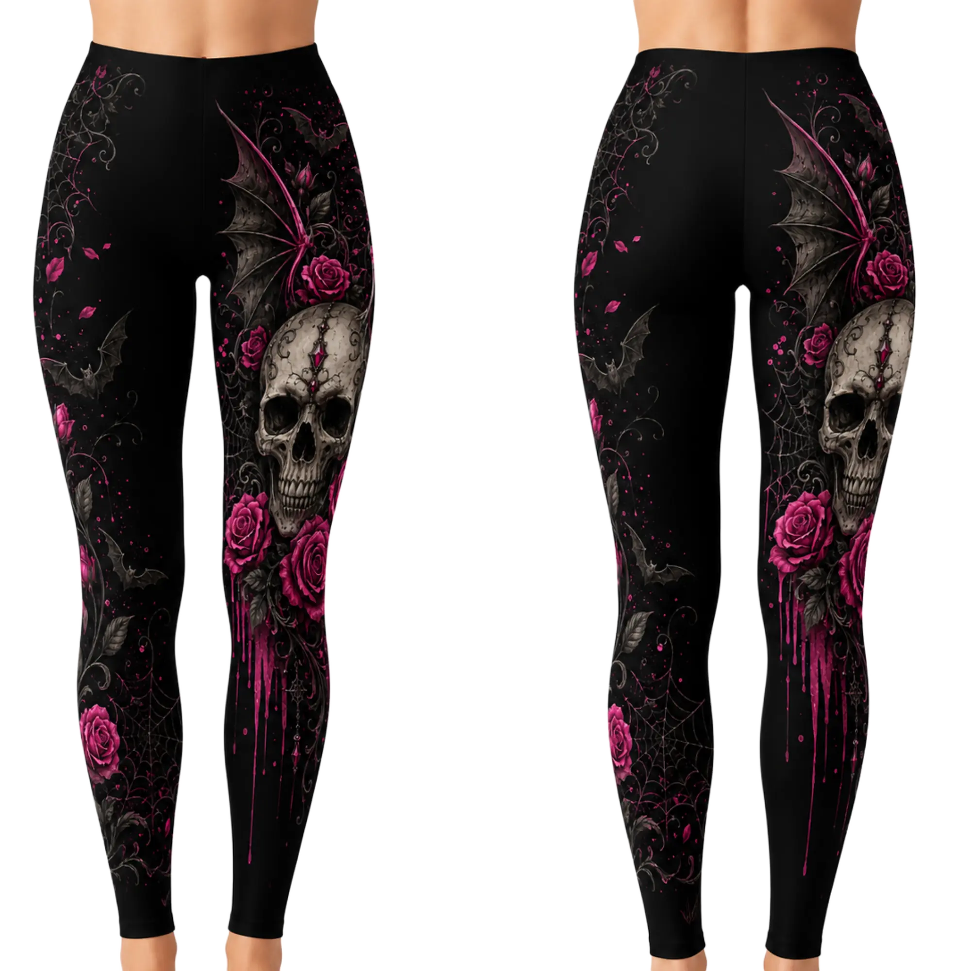 Gothic Skull Rose Leggings - Black Pink High Waist Yoga Pants, Bat and Spider Web Floral Print Stretch Workout Tights, Dark Aesthetic Activewear for Gym and Casual Wear