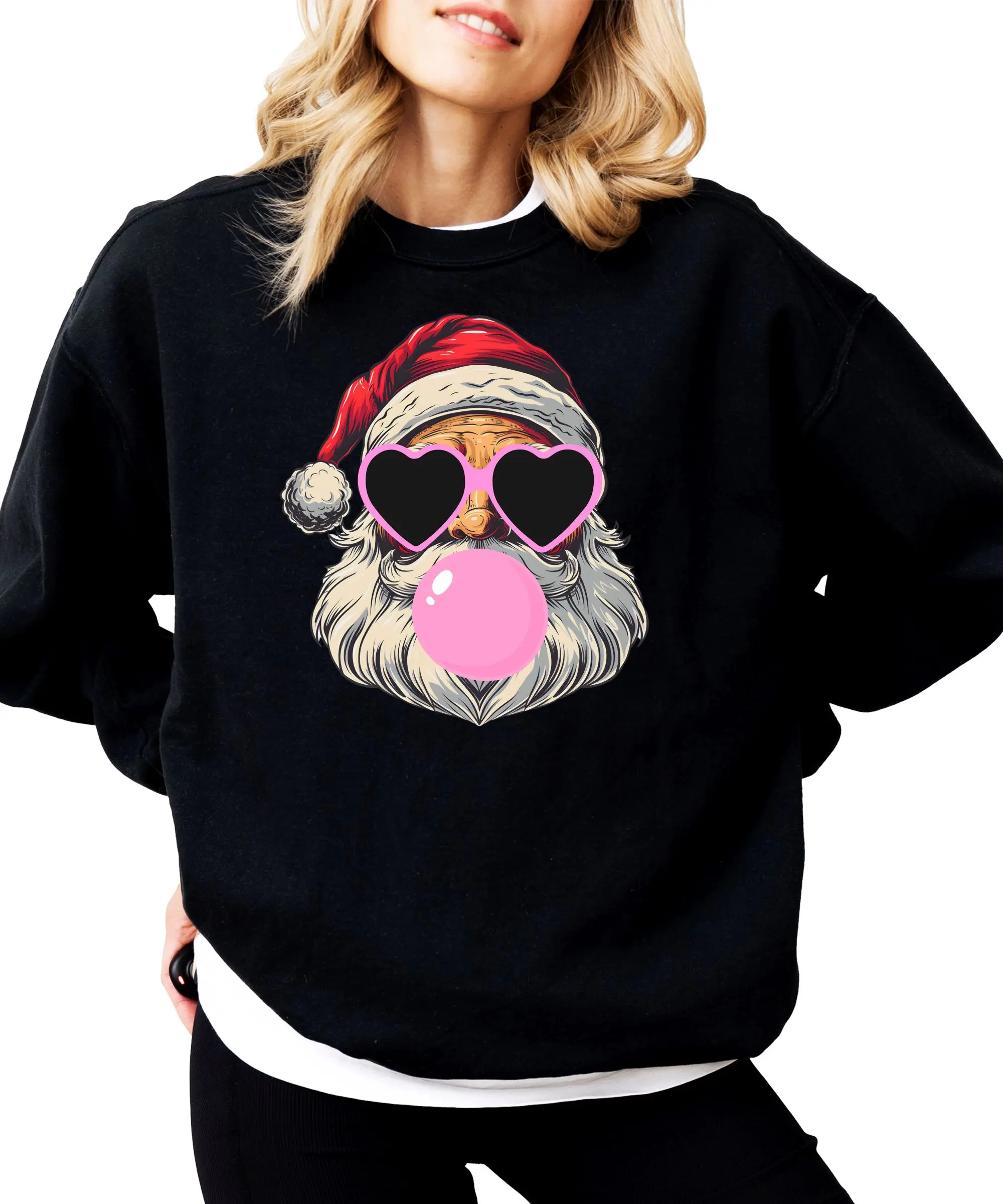 Santa Pink Bubble Gum Sweatshirt for Women and Teens - Cool Santa with Heart Shaped Sunglasses Sweater - Christmas Pullover Crewneck Casual