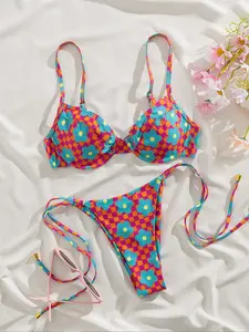 New soft printed band steel with adjustable thin shoulder strap metal decoration belt style elegant bikini set for summer beach fashion women's bikini swimsuit set Bikini Swimwear