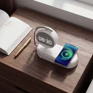 4-in-1 Wireless Charger Stand with Digital Clock, Fast Wireless Charger for iPhone, Smartphone Charging Station with Night Light, Enhanced Father’s Day