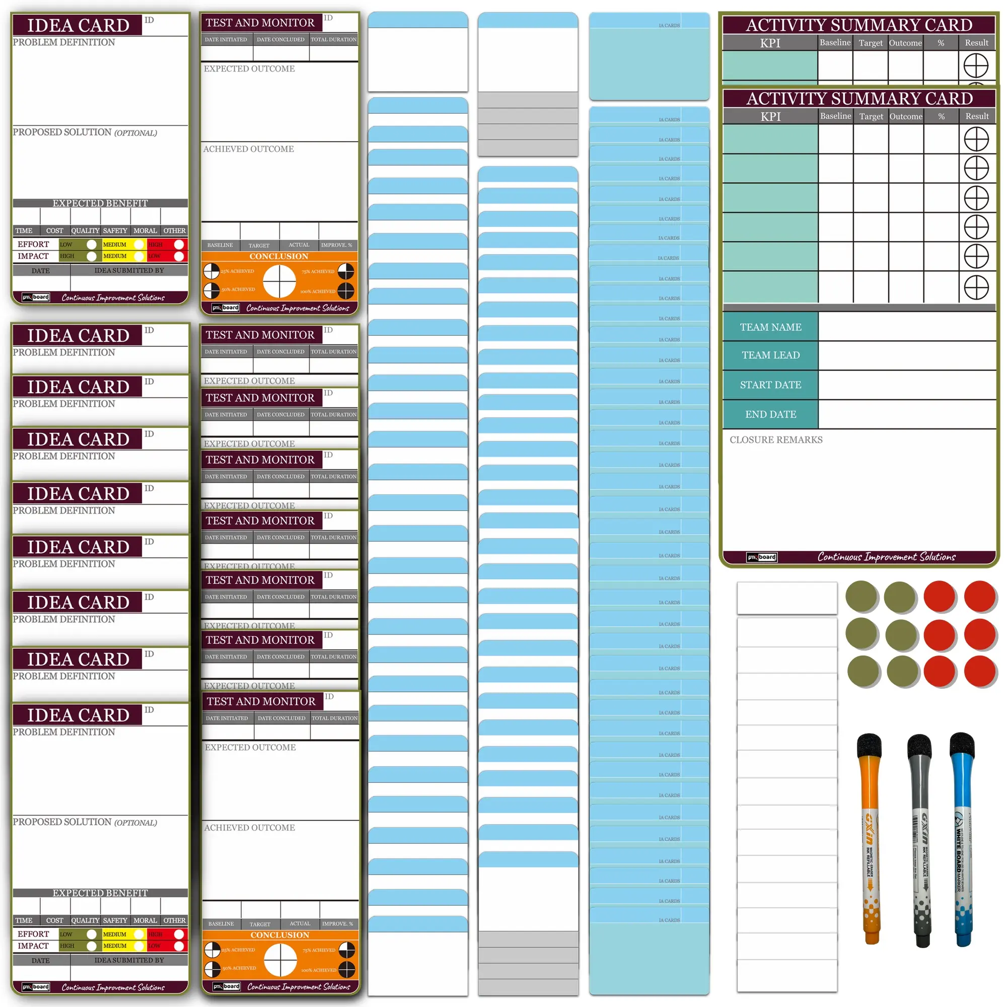 PMXBOARD - 147-Piece Kaizen Magnetic Card Set – Reusable Color-Coded Cards for Lean Manufacturing, Value Stream Mapping, Action Plans & KPI Tracking | Dry-Erase CI Tools for Teams