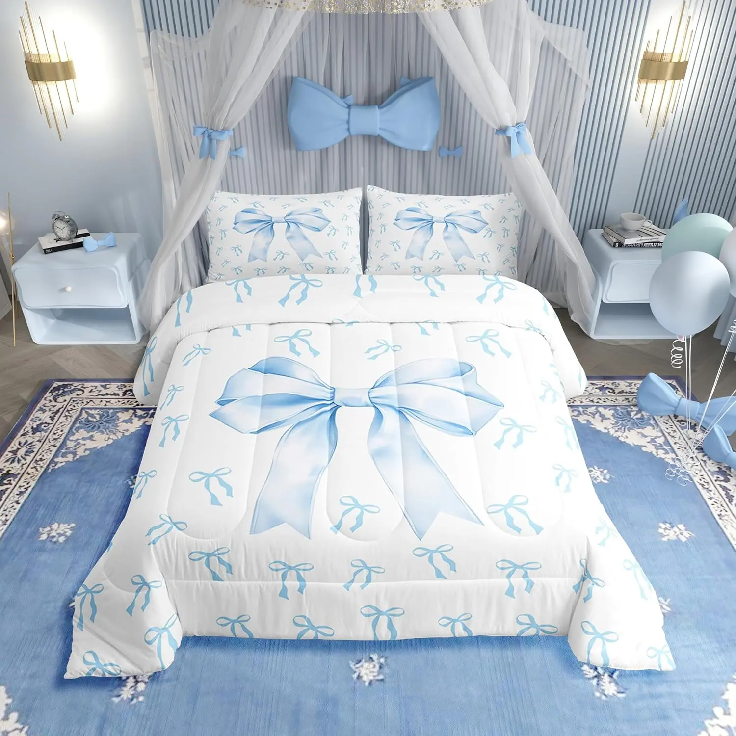 Feelyou Girls' Microfiber Bedding Set - Kawaii Princess Soft Blanket Comforter Set, Blue and White Bow Motif, Lightweight Fill, Multi-Size Travel-Friendly Linens