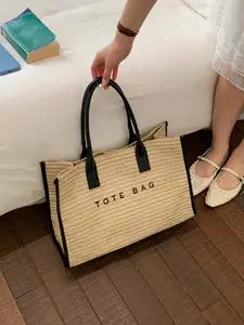Spring Summer New Large Capacity Letter Design Straw Tote Bag, Handheld Shoulder Totes for Daily Outing, Beach Vacation, Outdoor Activities, Casual Tote Bag