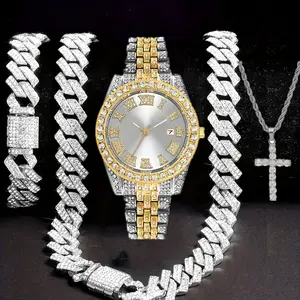Glamorous 4pcs Men's Jewelry Set: Hip Hop Iced Out Watch with Cross Necklace, Cuban Chain & Bracelet. Luxury Analog Timepiece Set for Party Events, Daily Decor, Trendy Gift Ideas & TikTok Viral Style