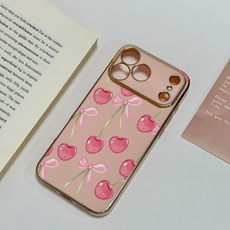 Juicy Pink Cherry Illustrations Phone Case Adding A Touch Of Fresh Romantic Charm To Your Daily Device Premium 6D Solid Color Electroplated With A Smooth Glossy Metal-Like Finish l For Iphone 17 16 15 14 13 12 11
